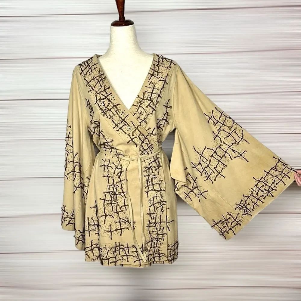 Lolita Jaca St Barth Suede Wrap Kimono Haori Embroidered Japanese Style M